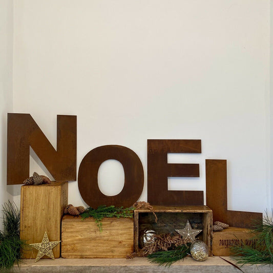 NOEL Christmas Mantle Fireplace Decoration / Rusty 12" Tall Fat Font Metal Letters
