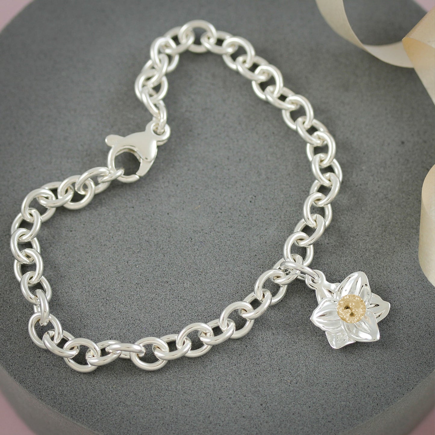 Daffodil Flower Silver & Solid Gold Charm