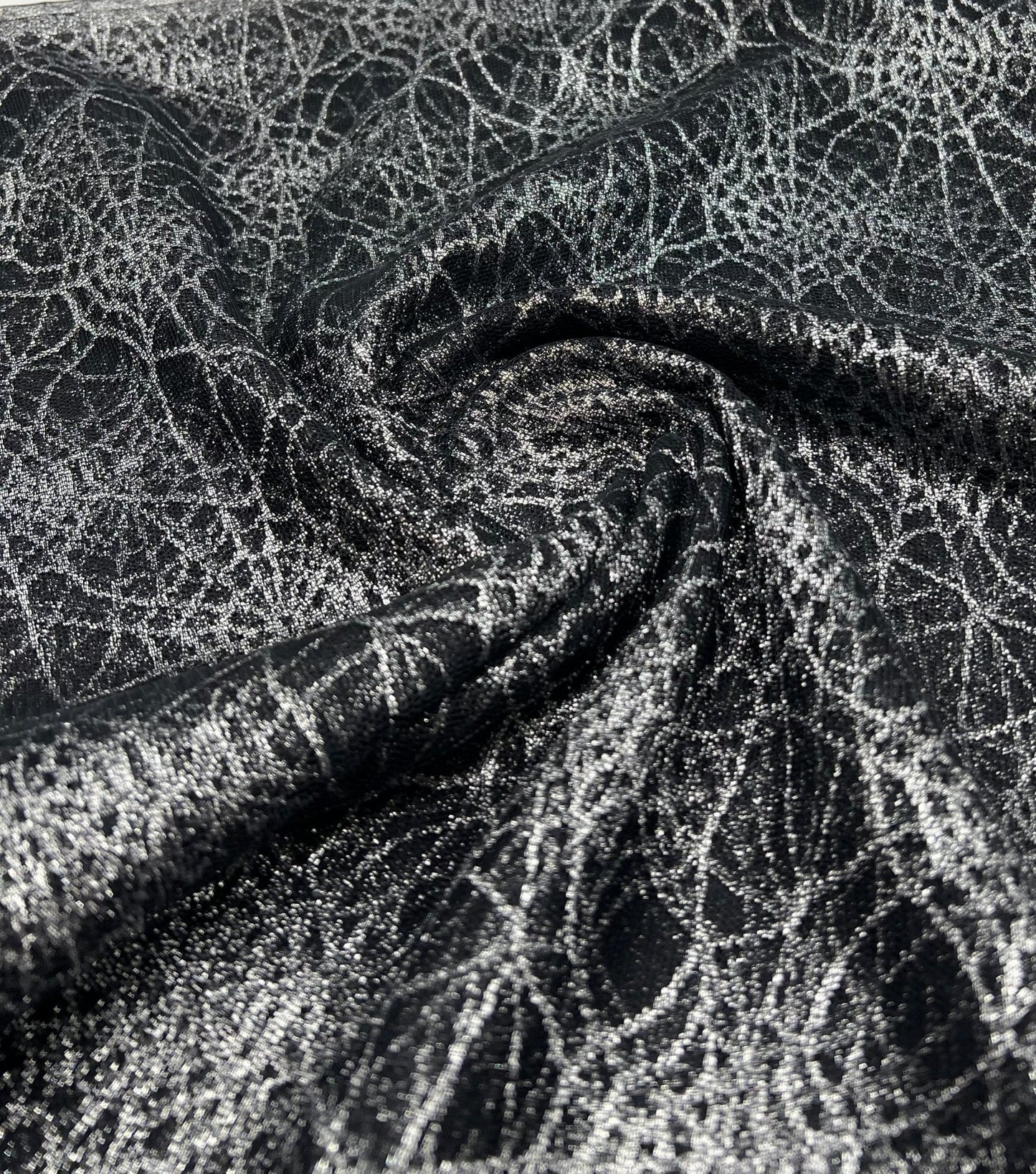 Silver Black Cobweb Halloween Print Mesh Fabric Stretch