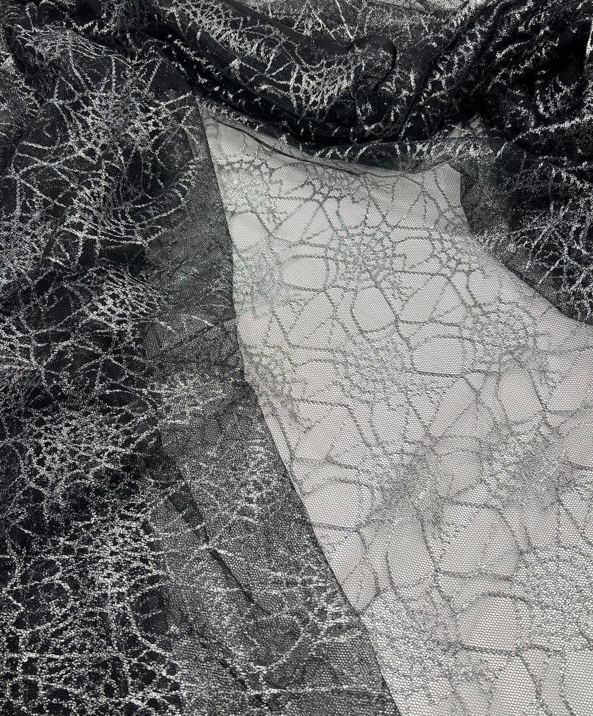 Silver Black Cobweb Halloween Print Mesh Fabric Stretch