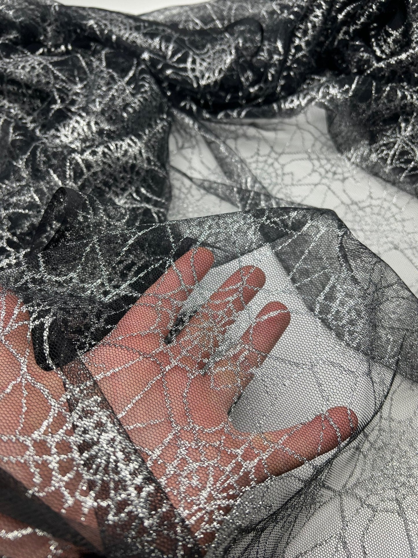 Silver Black Cobweb Halloween Print Mesh Fabric Stretch