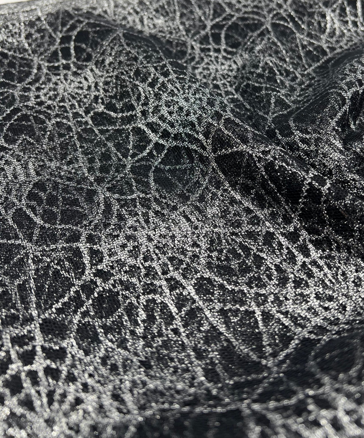 Silver Black Cobweb Halloween Print Mesh Fabric Stretch