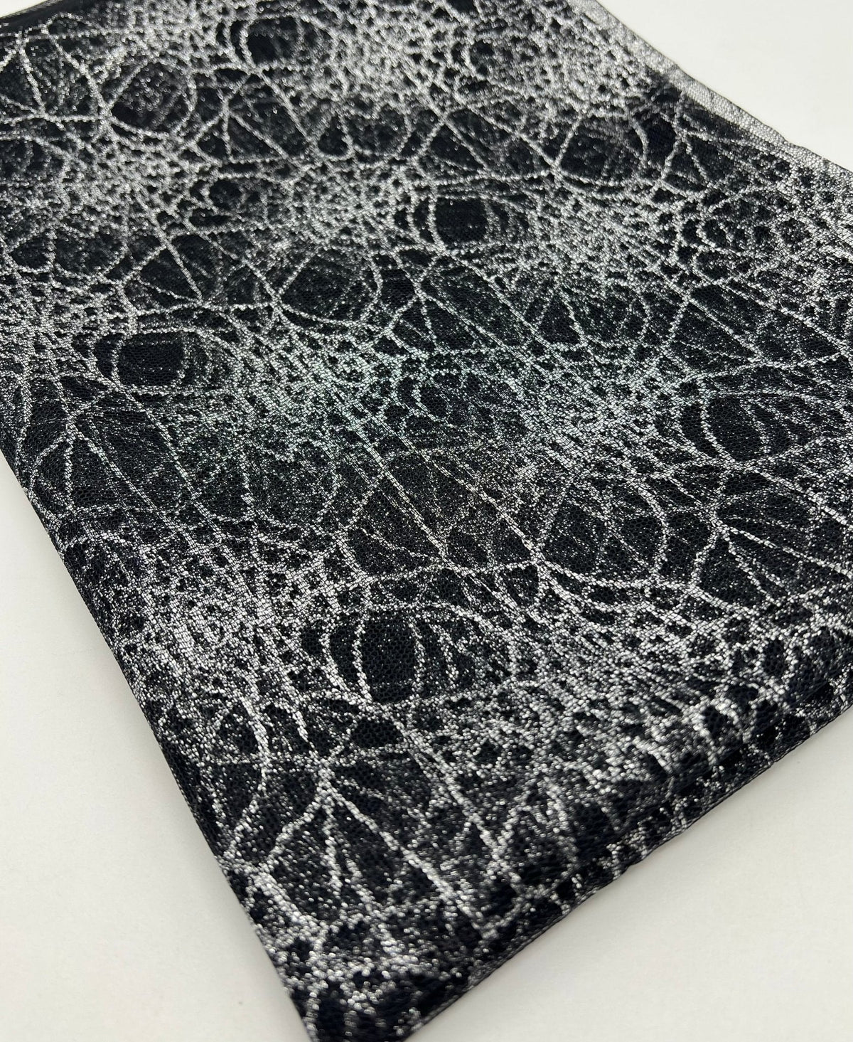 Silver Black Cobweb Halloween Print Mesh Fabric Stretch