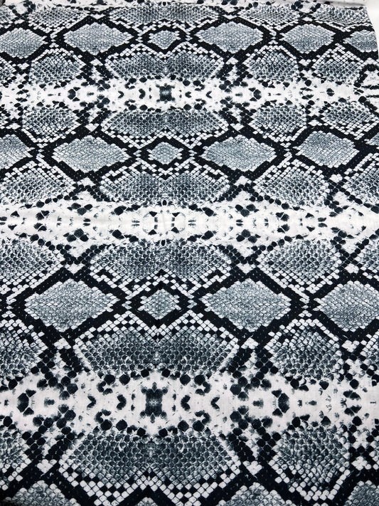 Silver Grey Snake Print Spun Poly Stretch Fabric