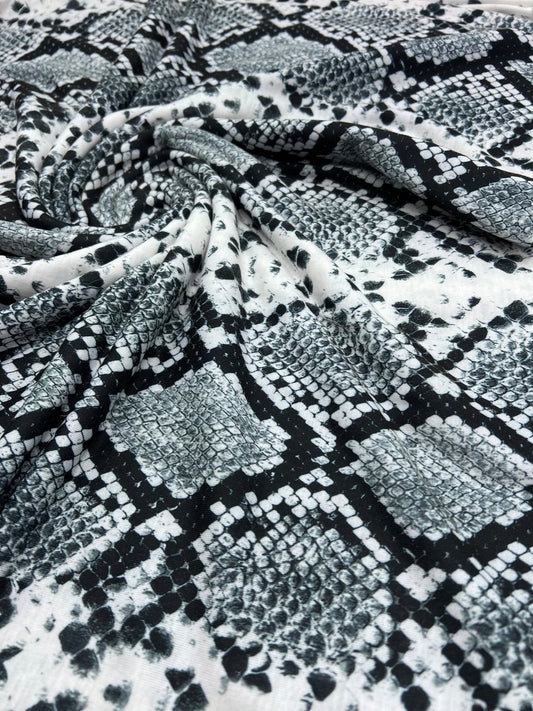 Silver Grey Snake Print Spun Poly Stretch Fabric