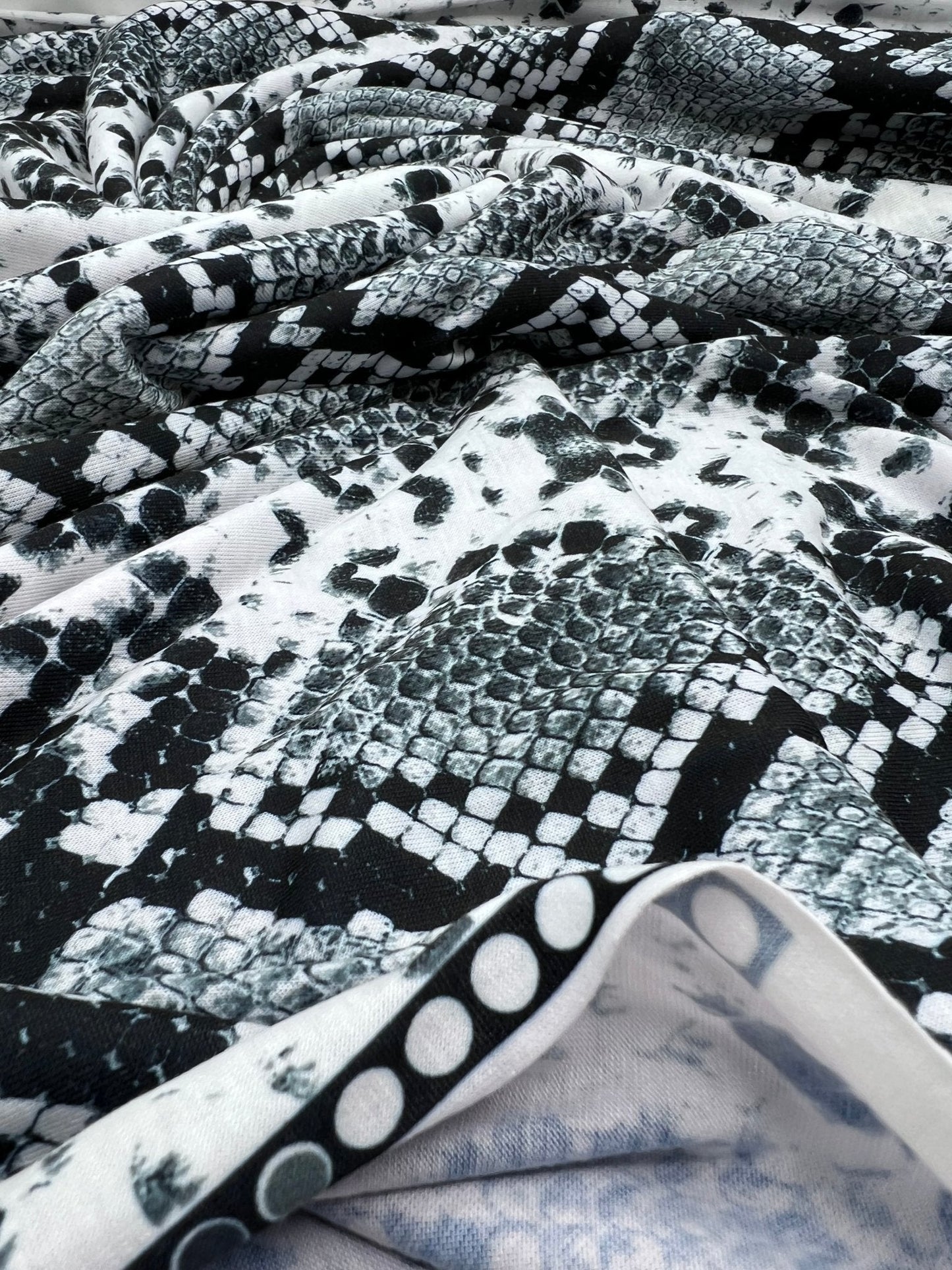 Silver Grey Snake Print Spun Poly Stretch Fabric