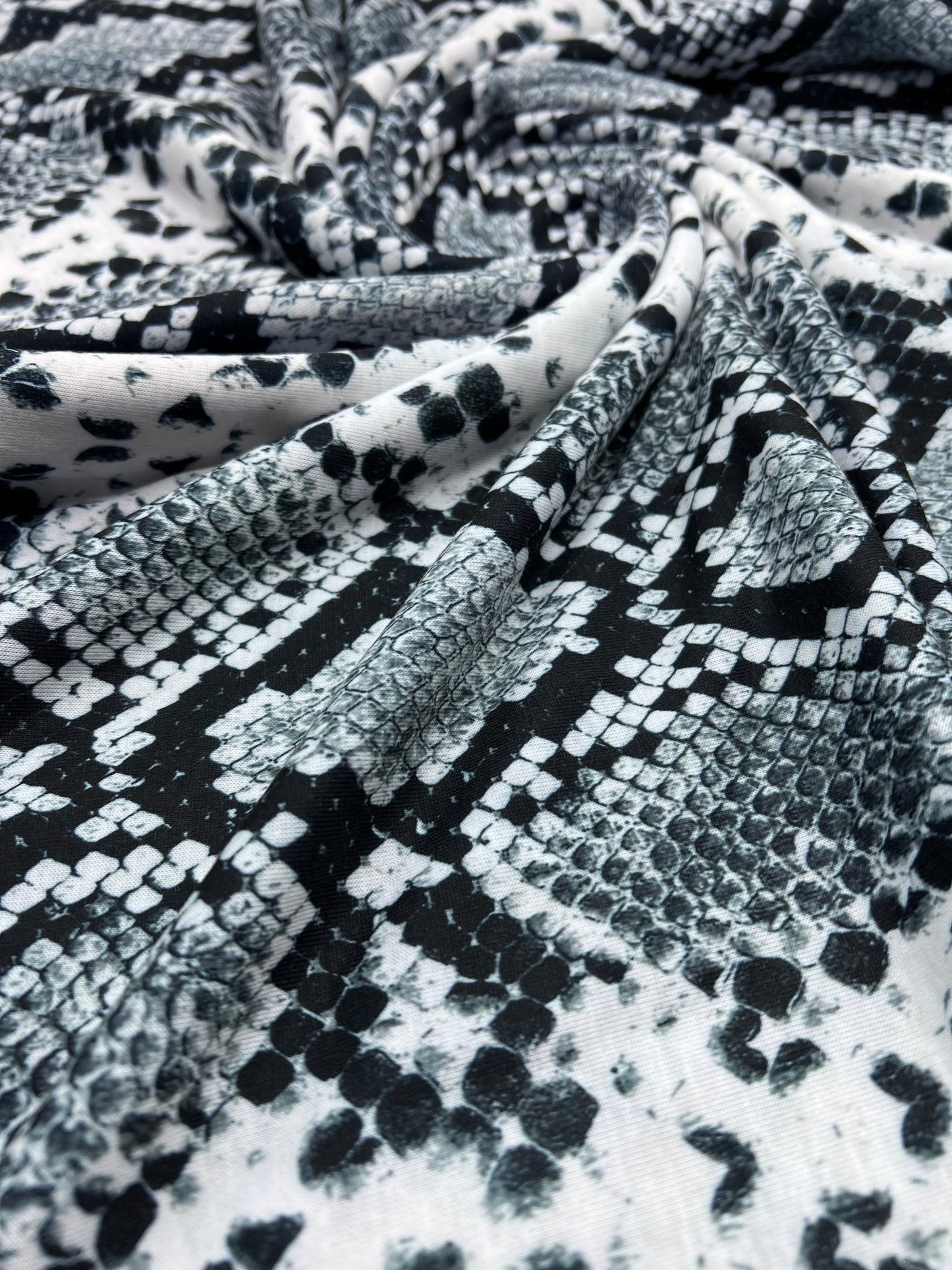 Silver Grey Snake Print Spun Poly Stretch Fabric