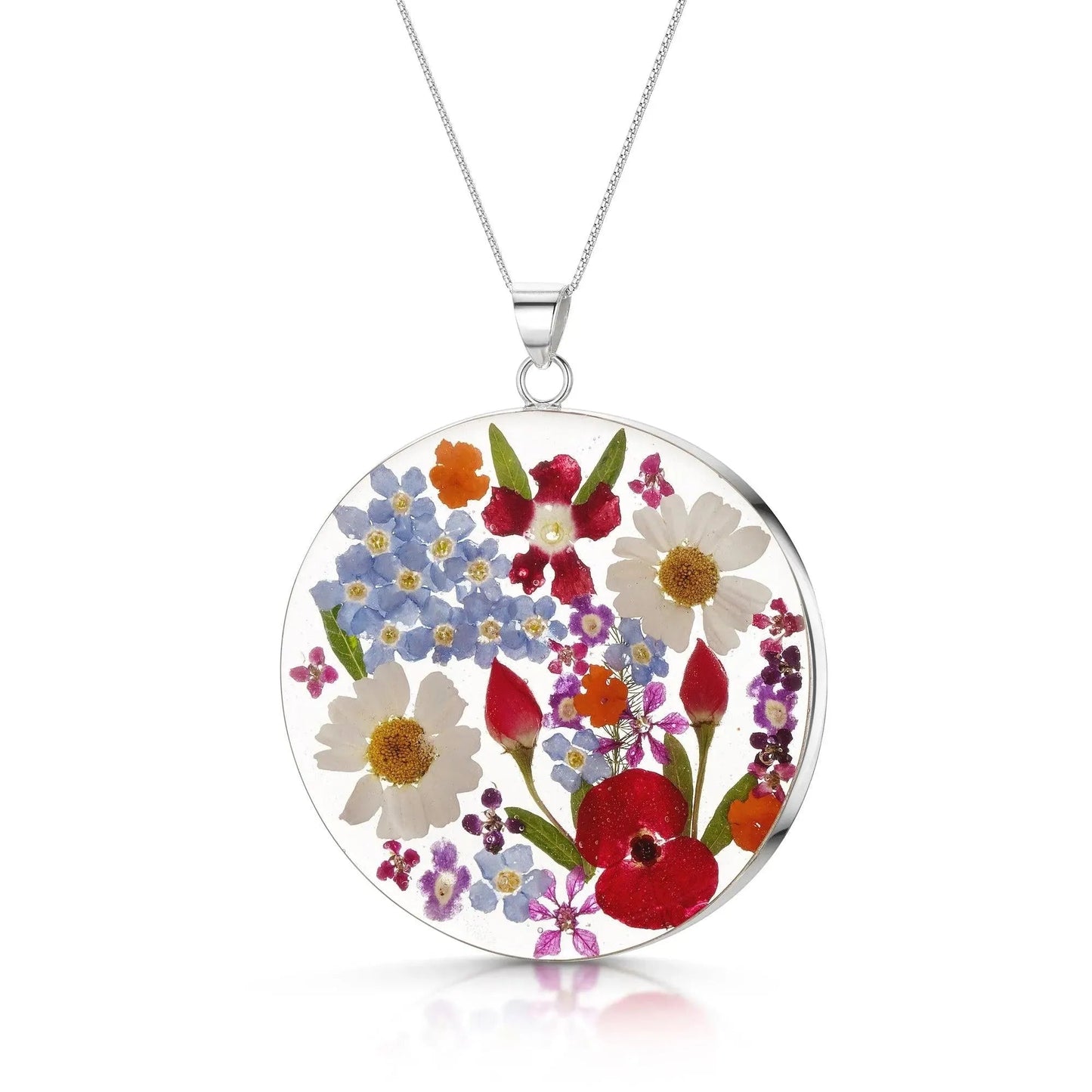 Sterling Silver Full Moon Pendant Necklace - Mixed Flowers