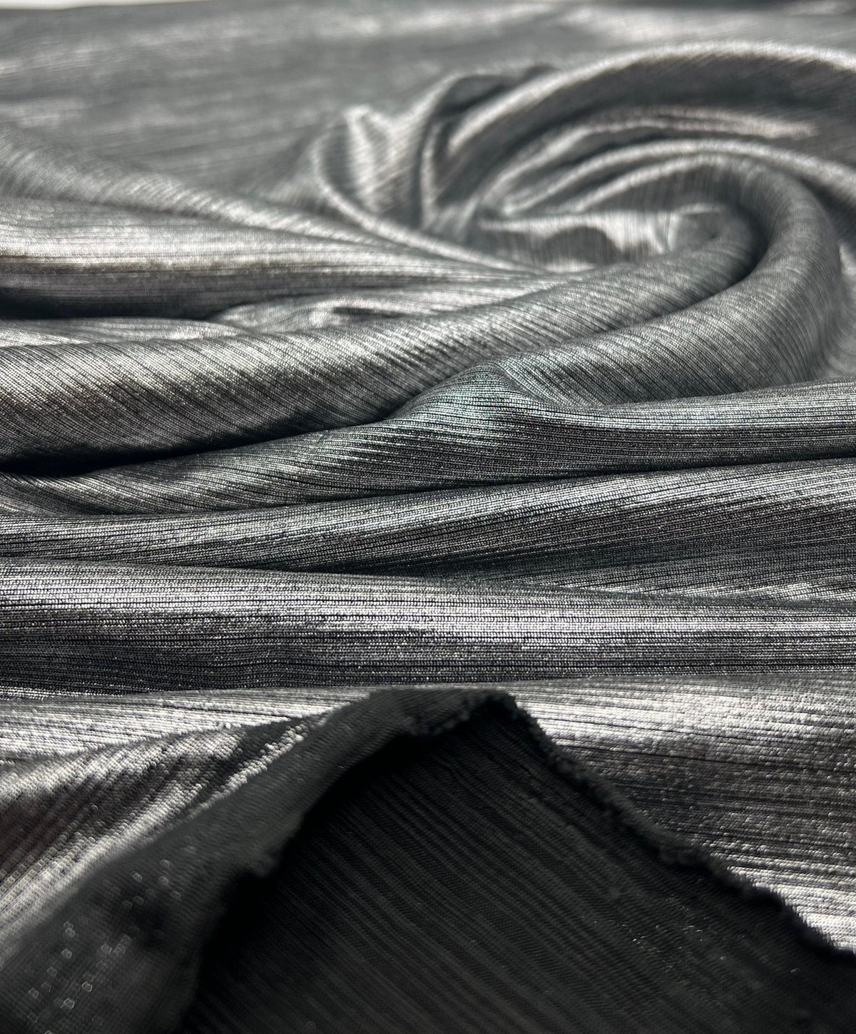 Silver On Black Metallic Foil Rib Fabric