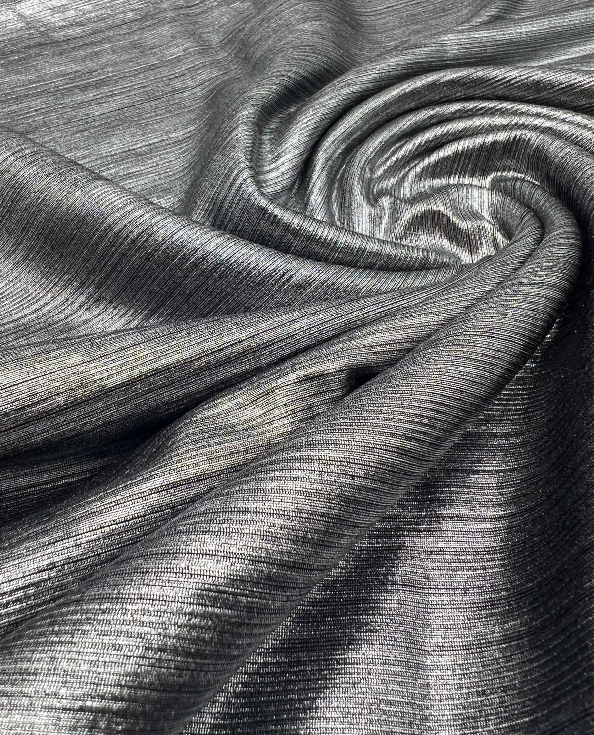 Silver On Black Metallic Foil Rib Fabric