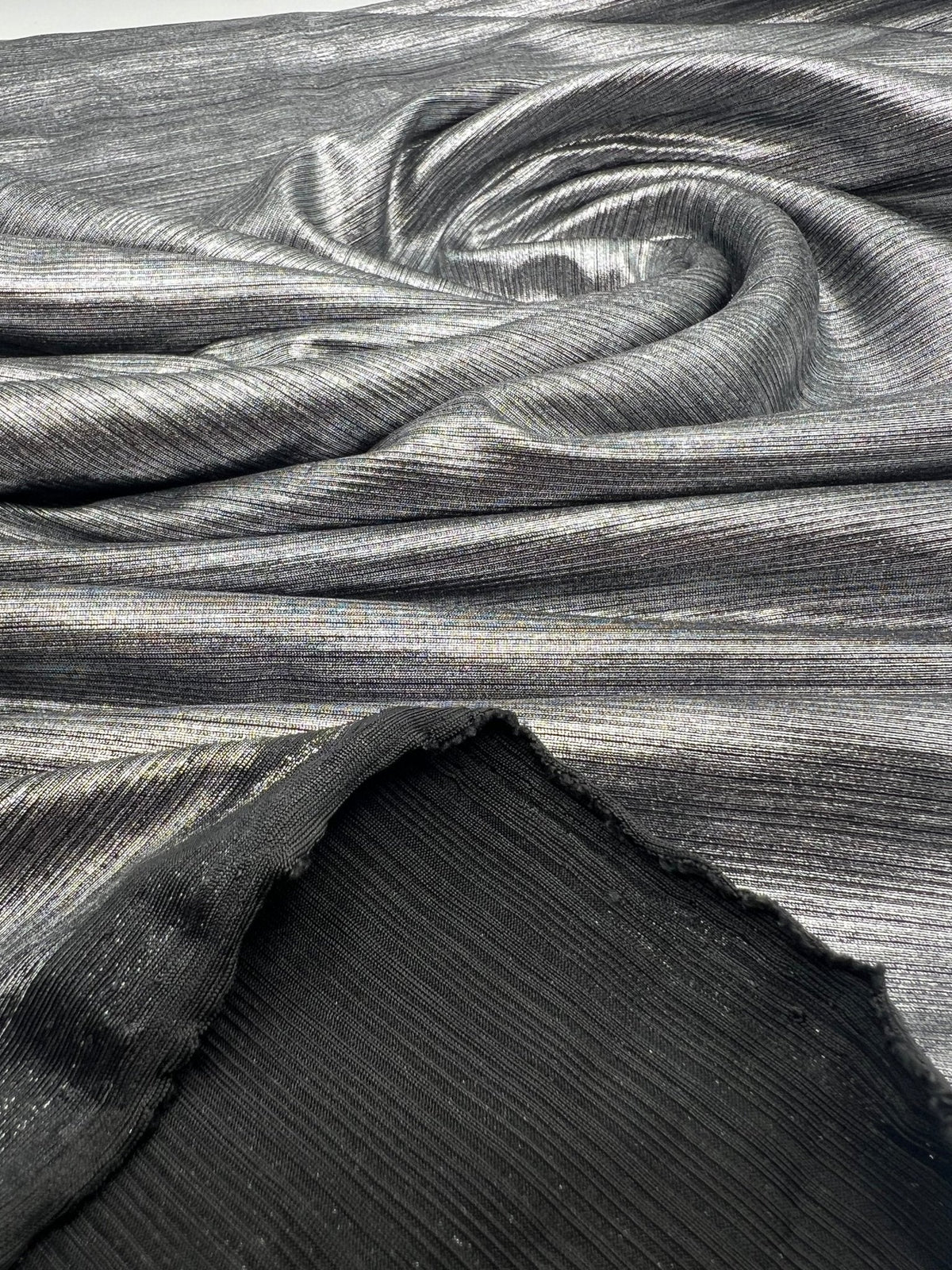 Silver On Black Metallic Foil Rib Fabric
