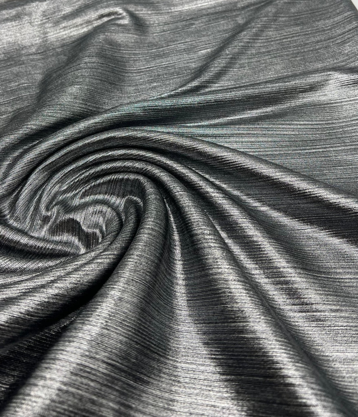 Silver On Black Metallic Foil Rib Fabric