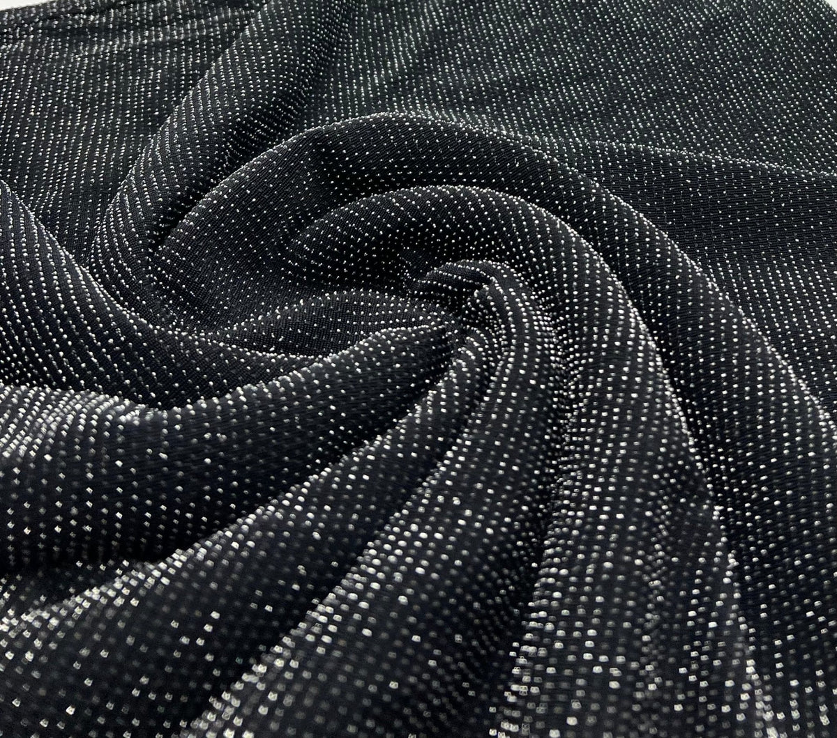 Silver Thread Detail Black Lurex Sparkle Metallic Stretch Knit Fabric