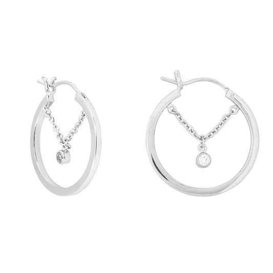 Silver White Gem Chain Hoop Earrings