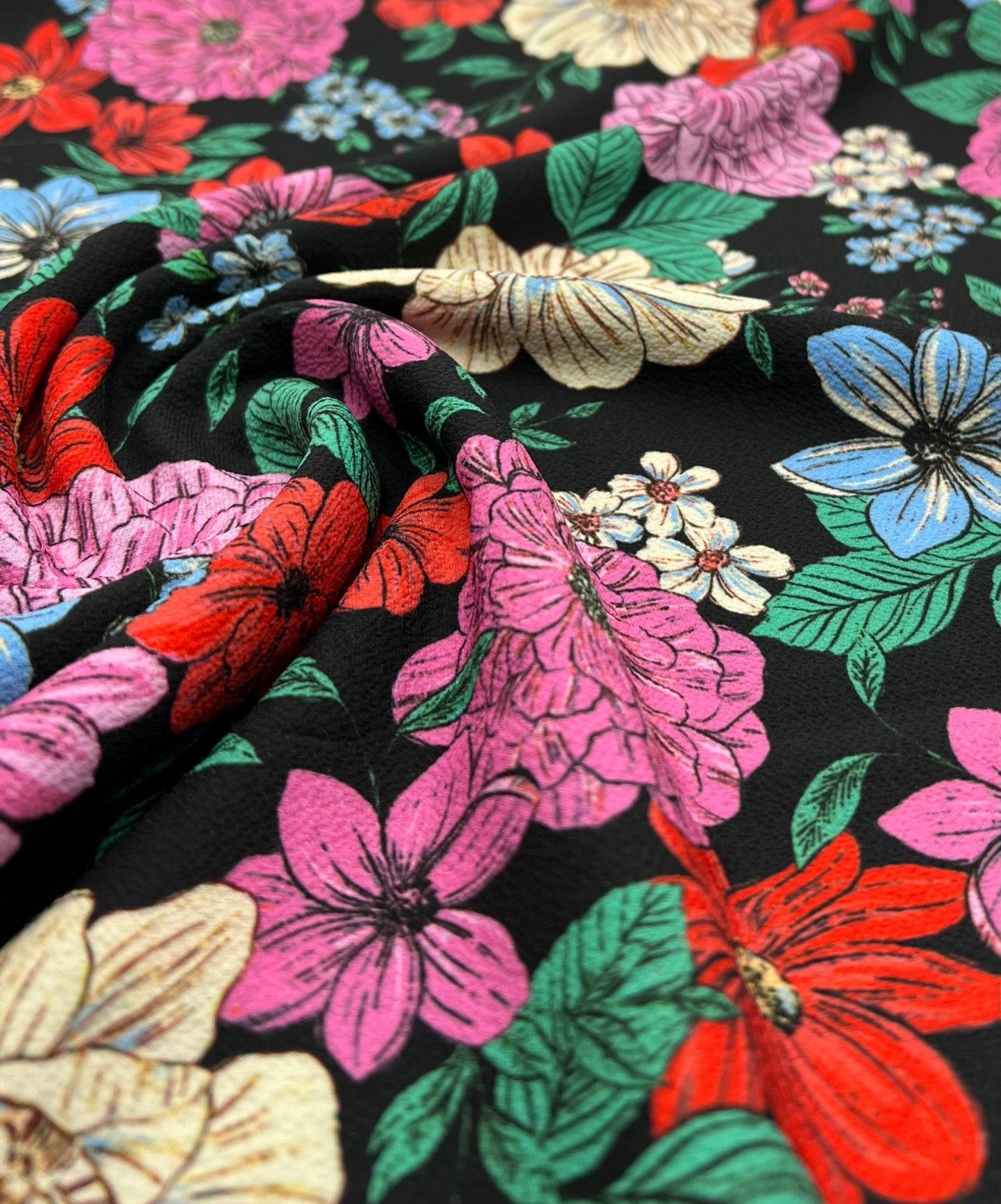 Sketch Floral Print Lightweight Bubble Crepe Fabric