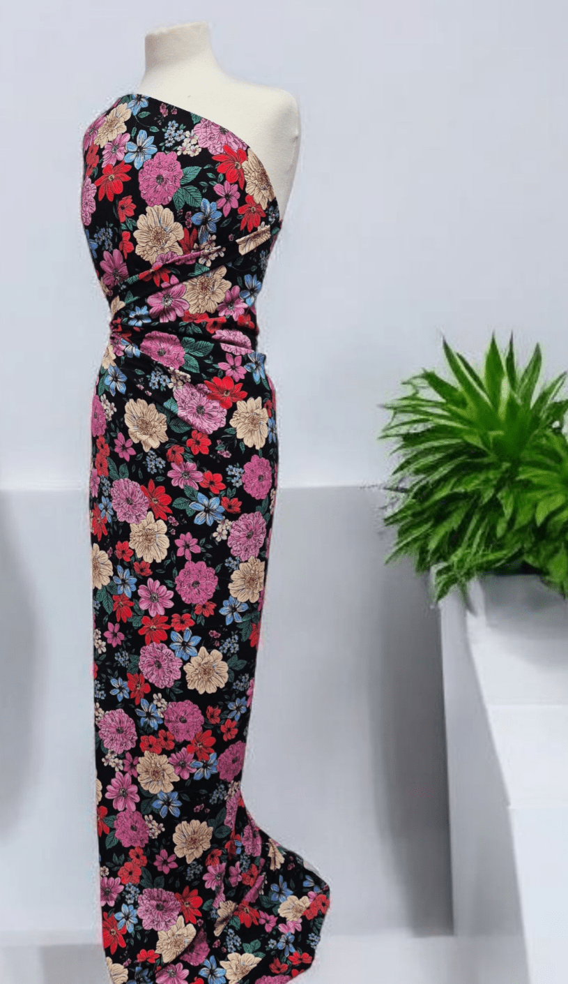 Sketch Floral Print Lightweight Bubble Crepe Fabric