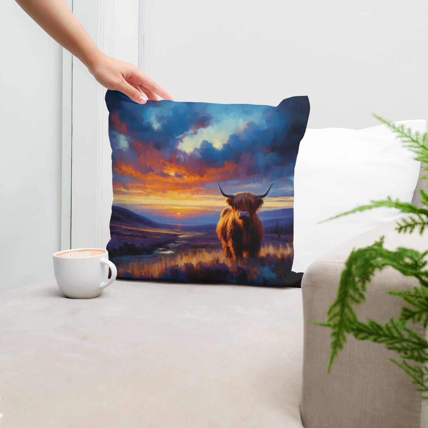 Twilight Contrast Highland Cow Cotton Cushion