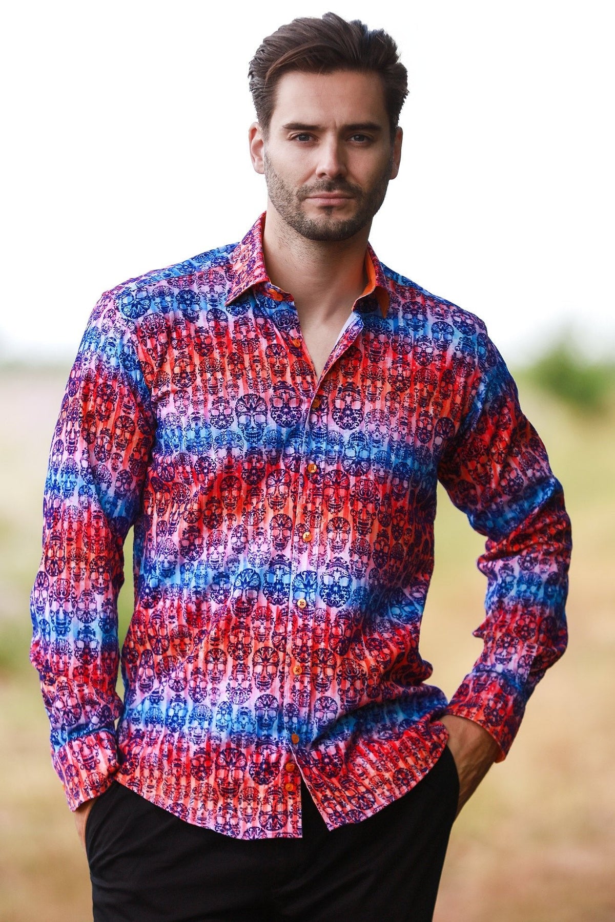 Skull Flocking Shirt with Gradient Tie-Dye Luxury Textured Finish