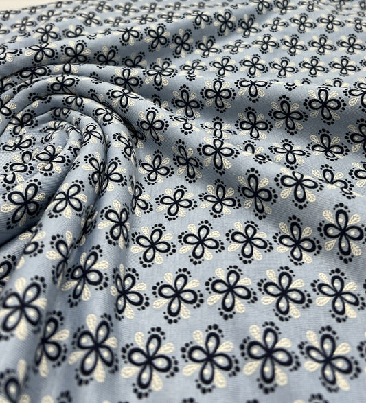 Sky Blue Floral Print Viscose Elastane Fabric