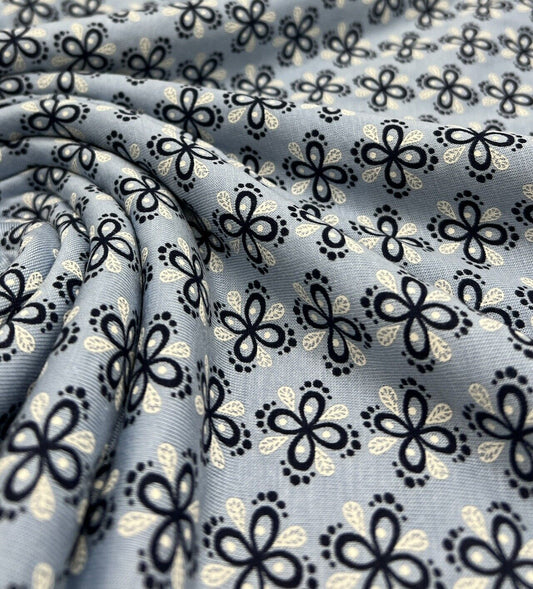 Sky Blue Floral Print Viscose Elastane Fabric