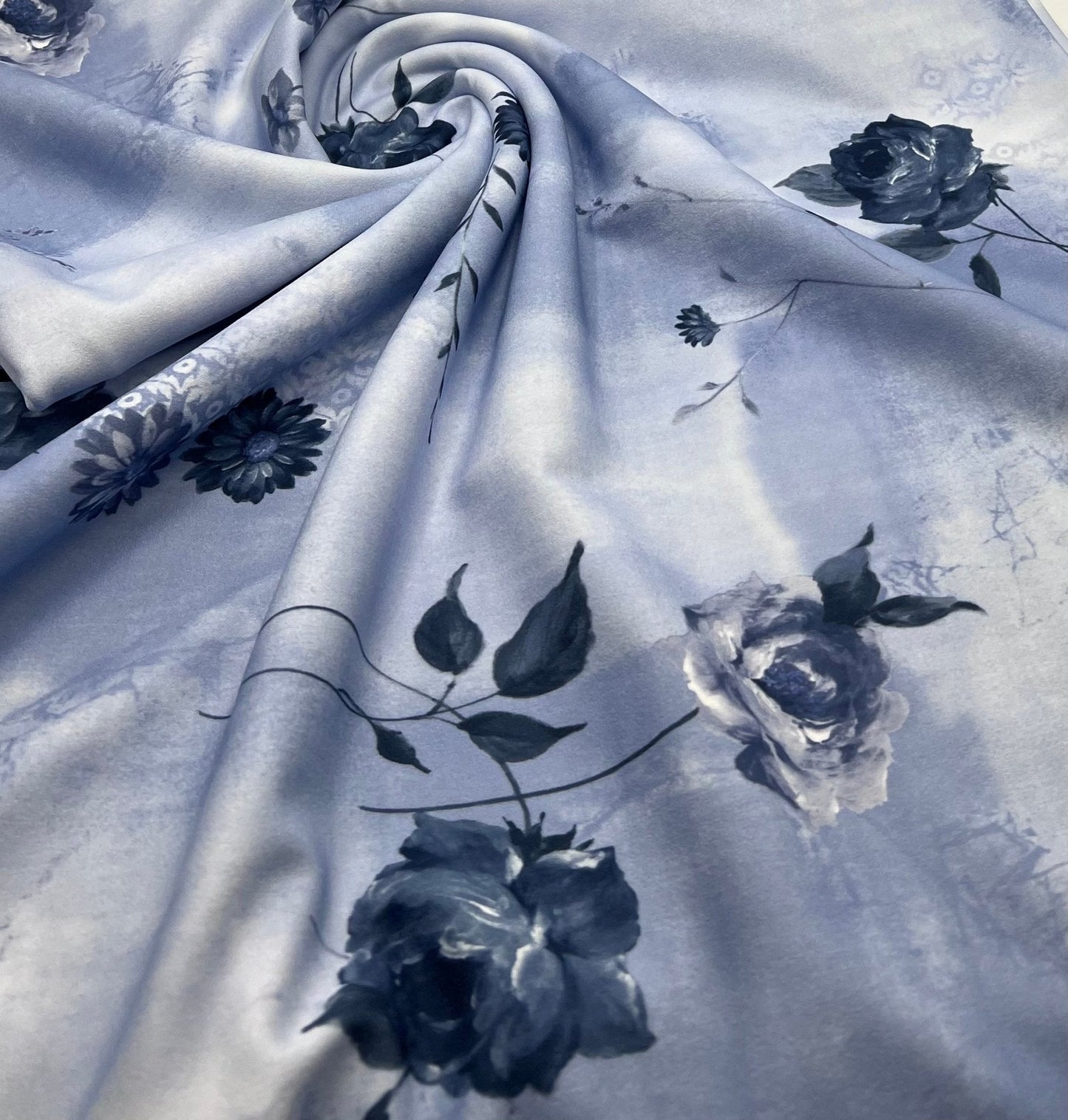 Sky Blue Floral Printed Scuba Crepe Jersey Fabric 4 Way Stretch