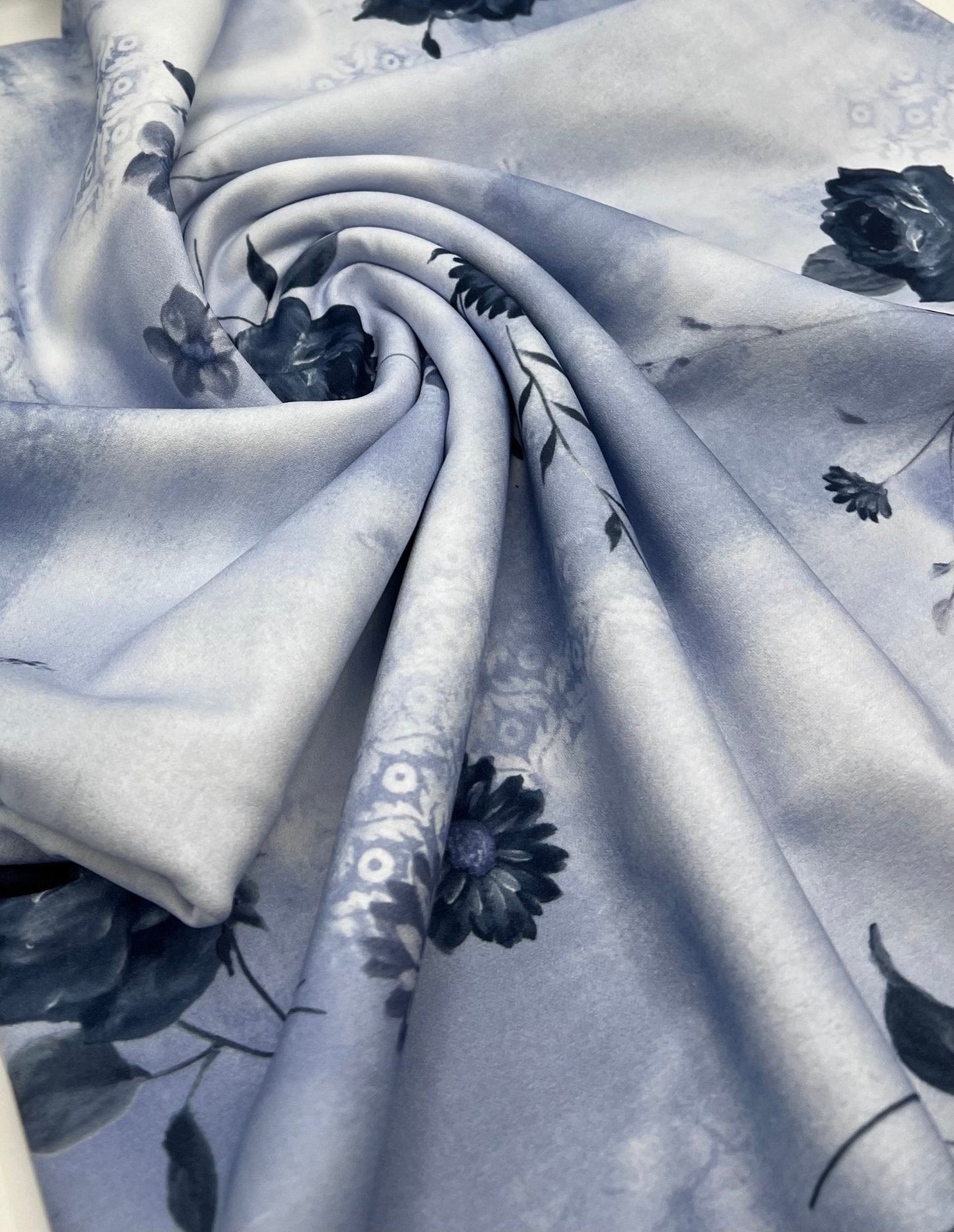 Sky Blue Floral Printed Scuba Crepe Jersey Fabric 4 Way Stretch