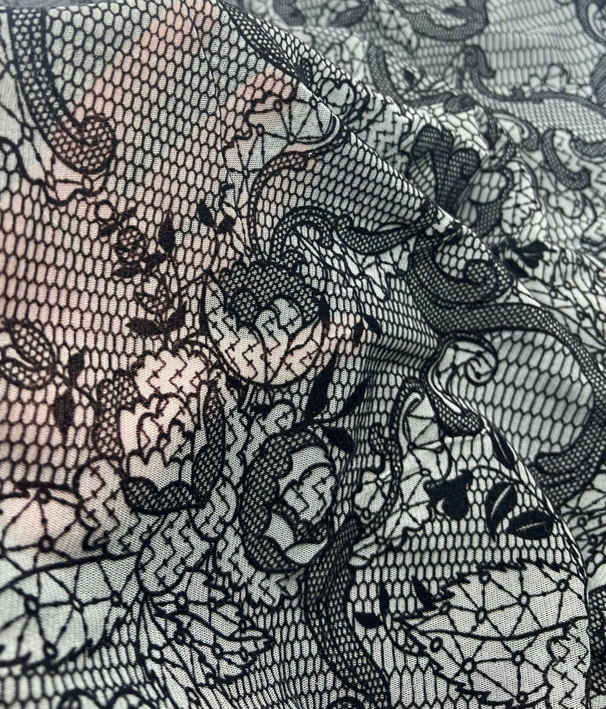 Slate Blue Floral Embossed Flocked Mesh Fabric 2 Way Stretch