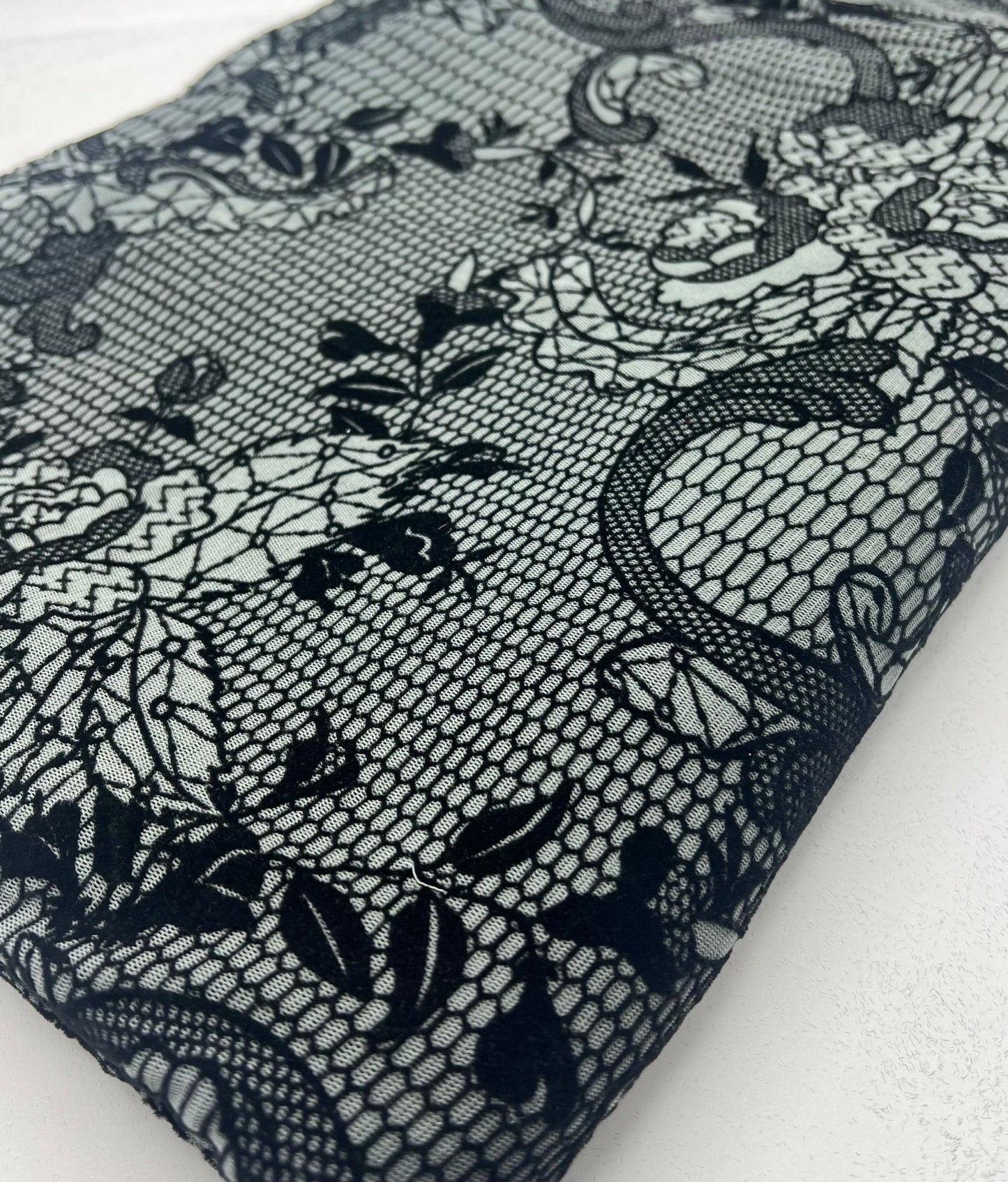 Slate Blue Floral Embossed Flocked Mesh Fabric 2 Way Stretch