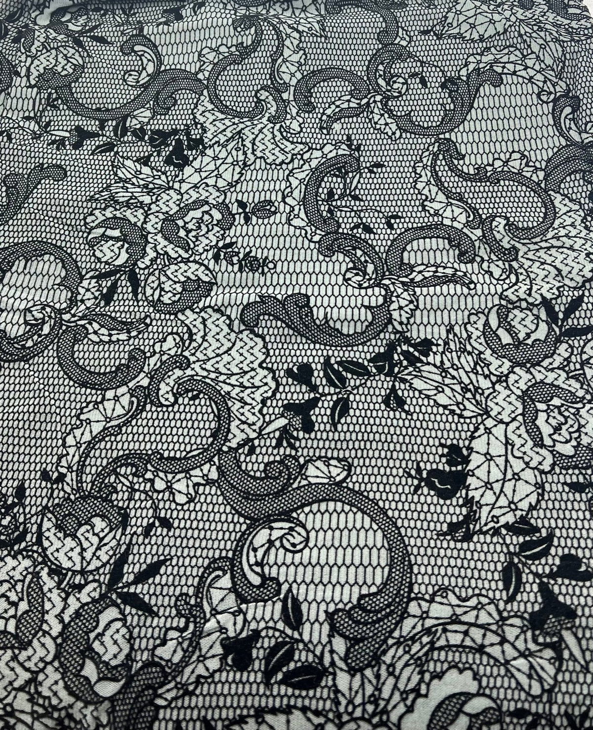 Slate Blue Floral Embossed Flocked Mesh Fabric 2 Way Stretch