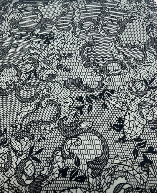 Slate Blue Floral Embossed Flocked Mesh Fabric 2 Way Stretch
