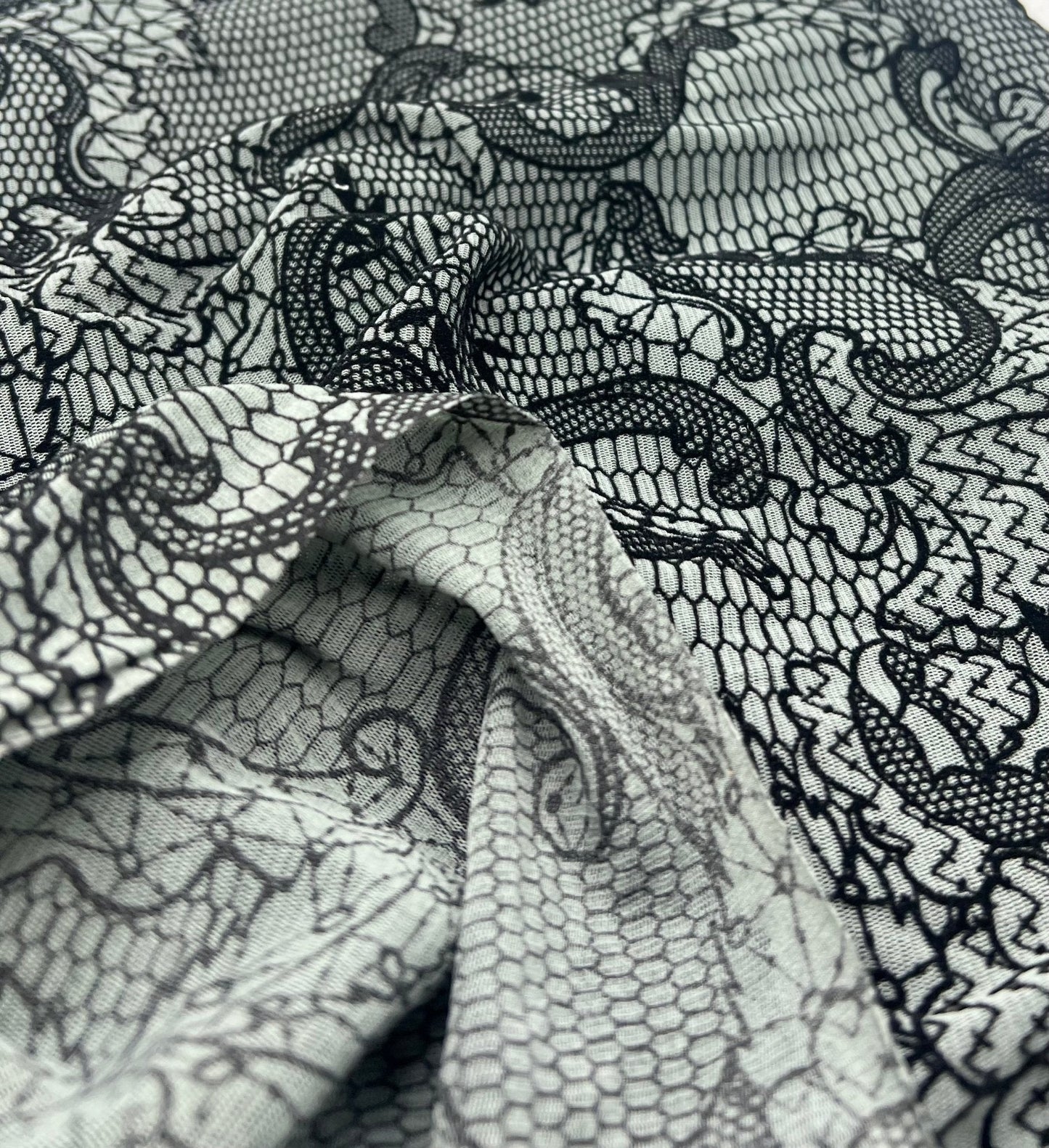 Slate Blue Floral Embossed Flocked Mesh Fabric 2 Way Stretch