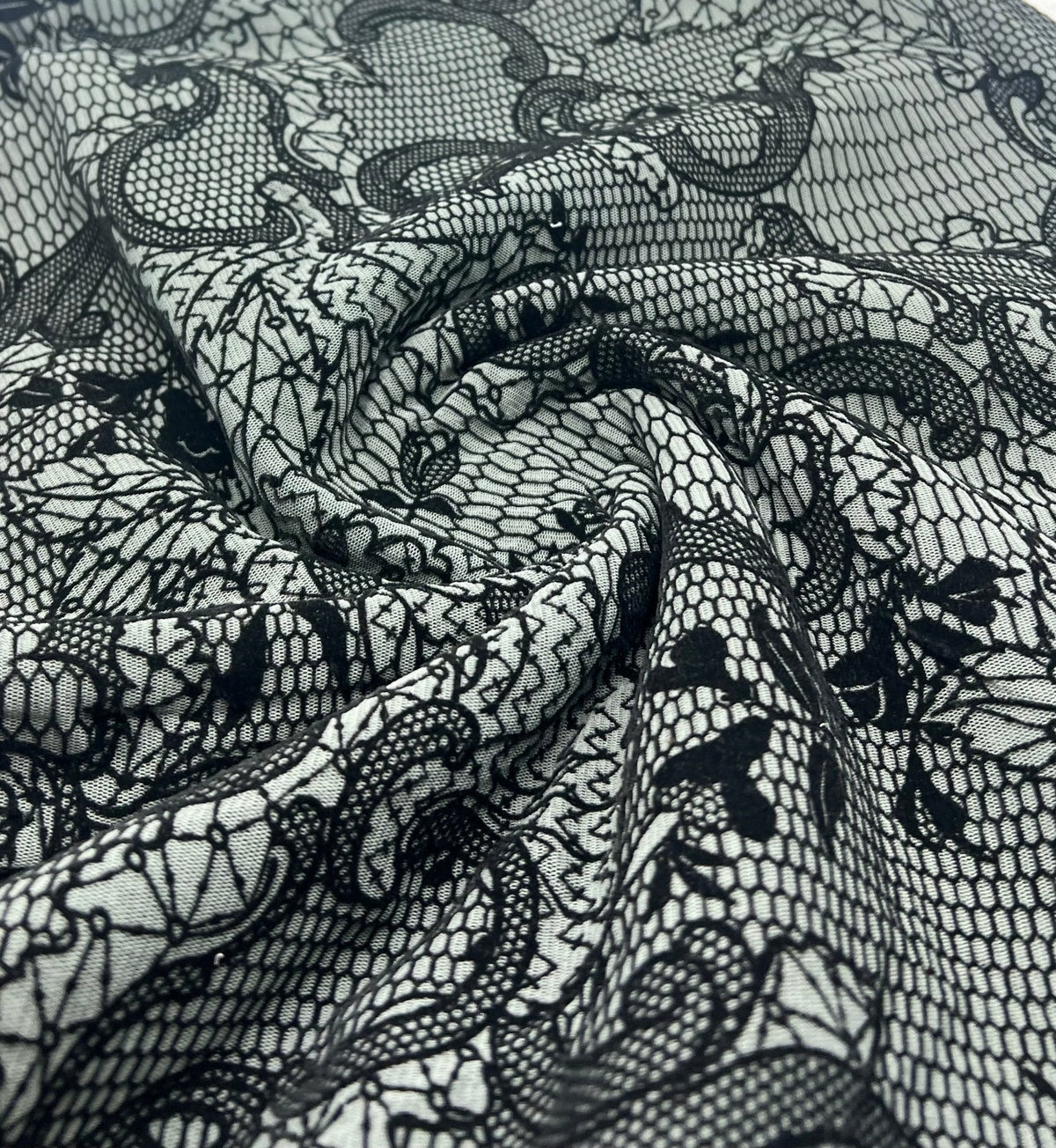 Slate Blue Floral Embossed Flocked Mesh Fabric 2 Way Stretch