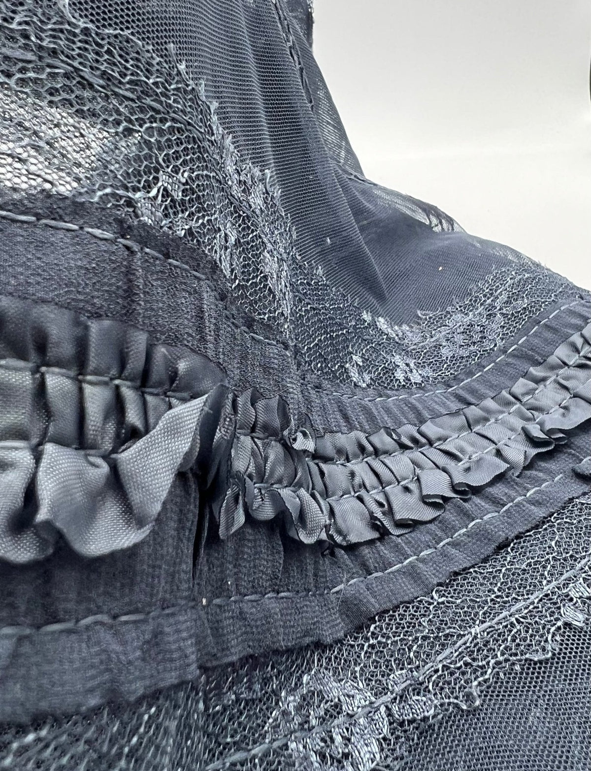 Slate Blue Sequin Ruffle Detail Mesh Fabric Stretch