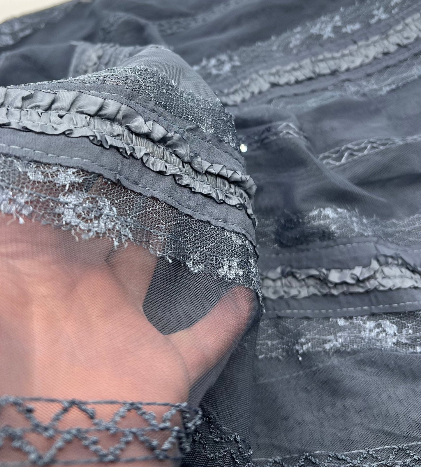 Slate Blue Sequin Ruffle Detail Mesh Fabric Stretch