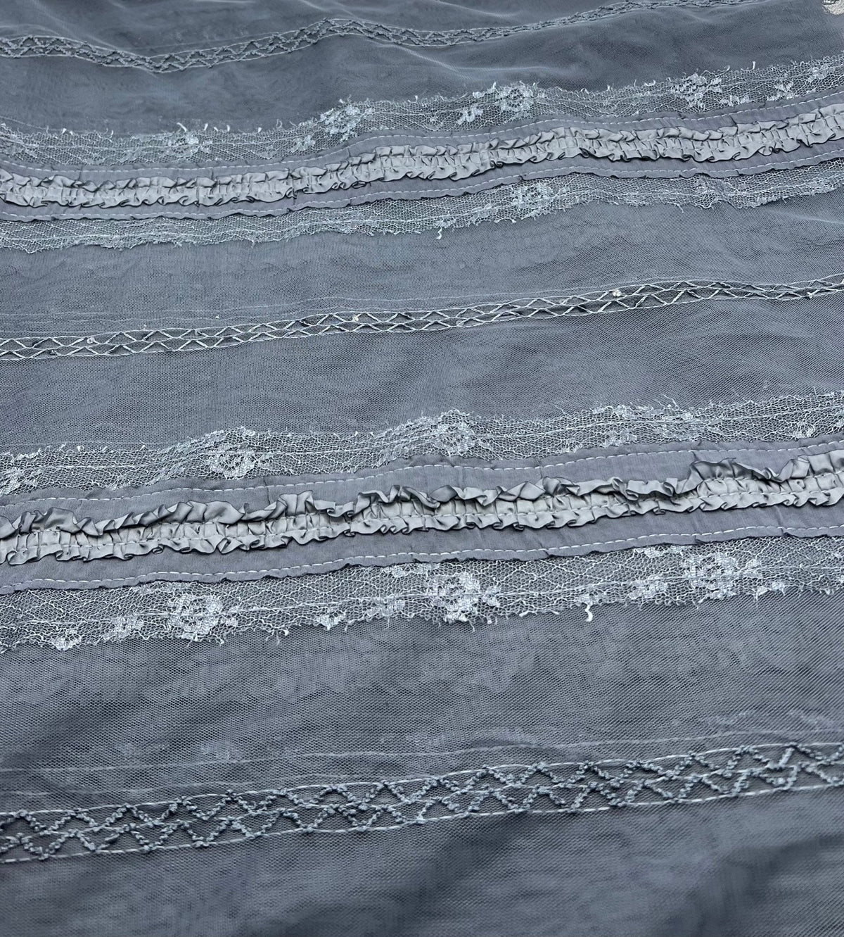 Slate Blue Sequin Ruffle Detail Mesh Fabric Stretch