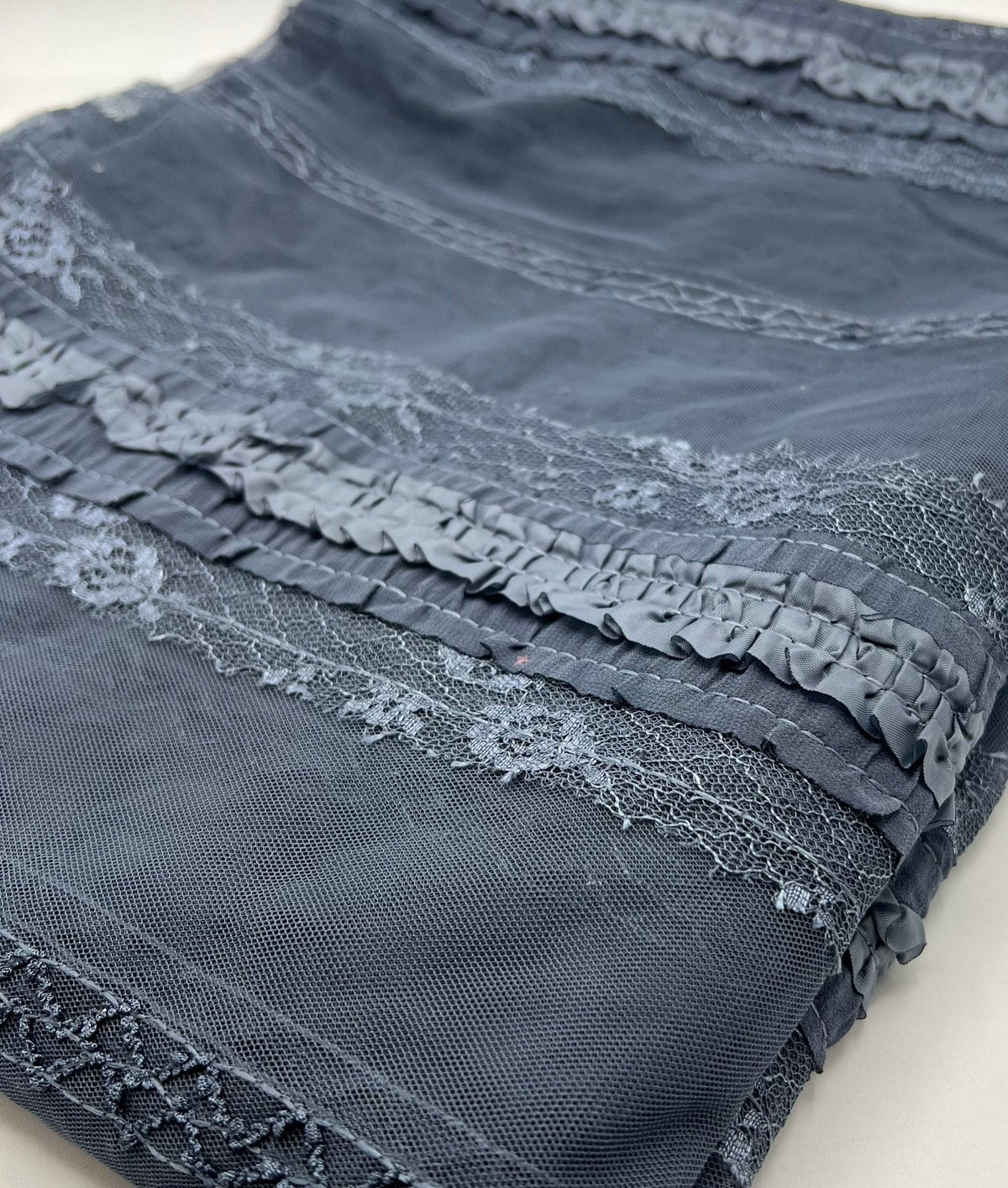 Slate Blue Sequin Ruffle Detail Mesh Fabric Stretch