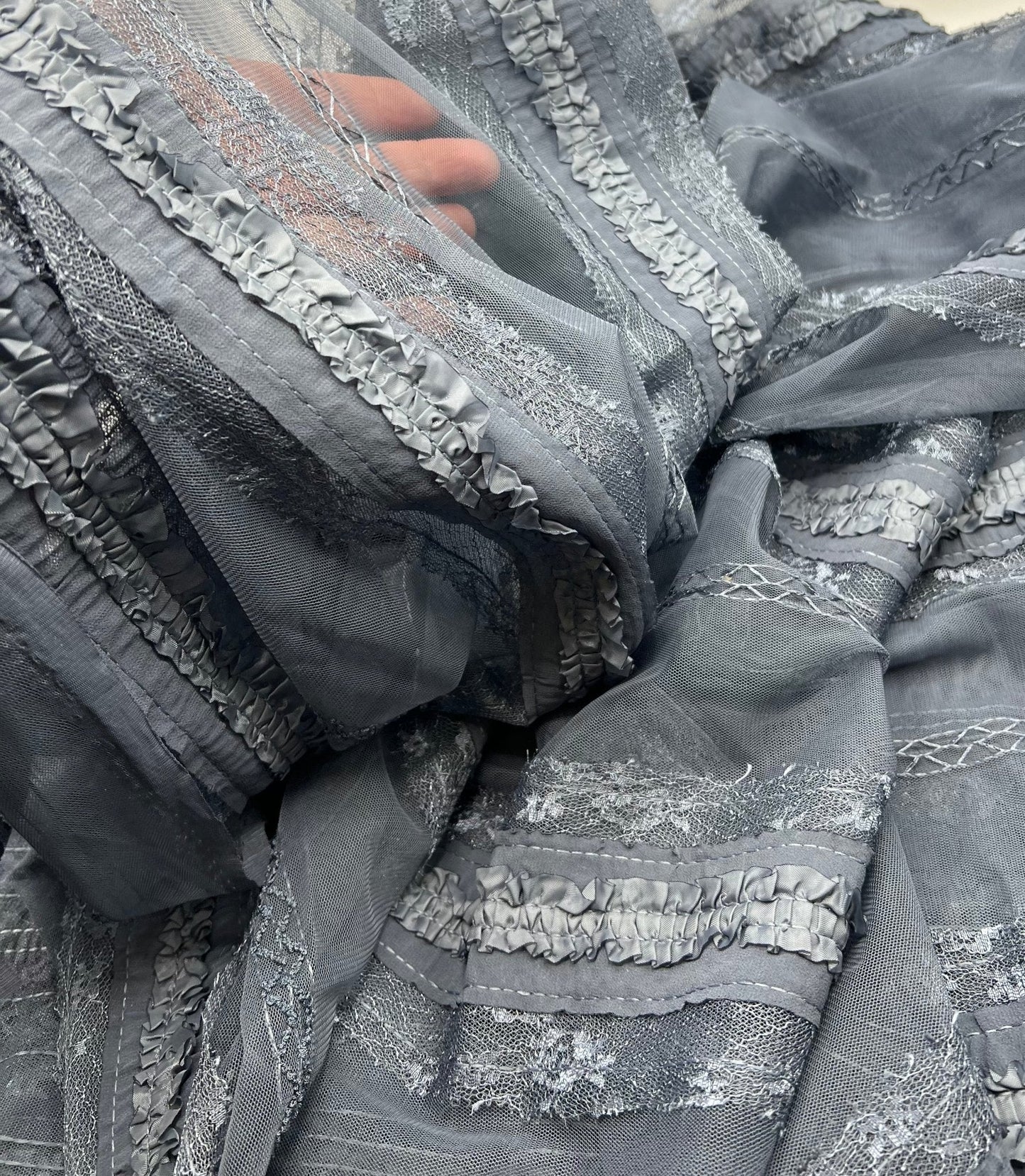 Slate Blue Sequin Ruffle Detail Mesh Fabric Stretch