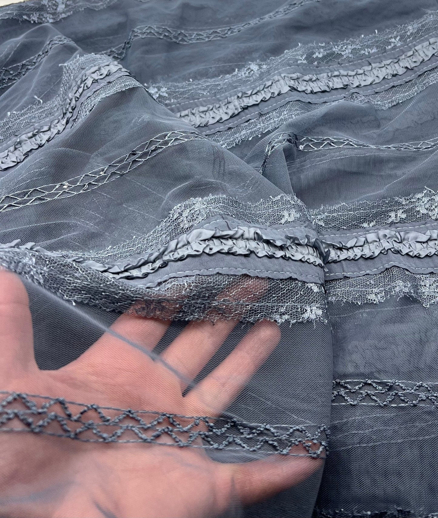 Slate Blue Sequin Ruffle Detail Mesh Fabric Stretch
