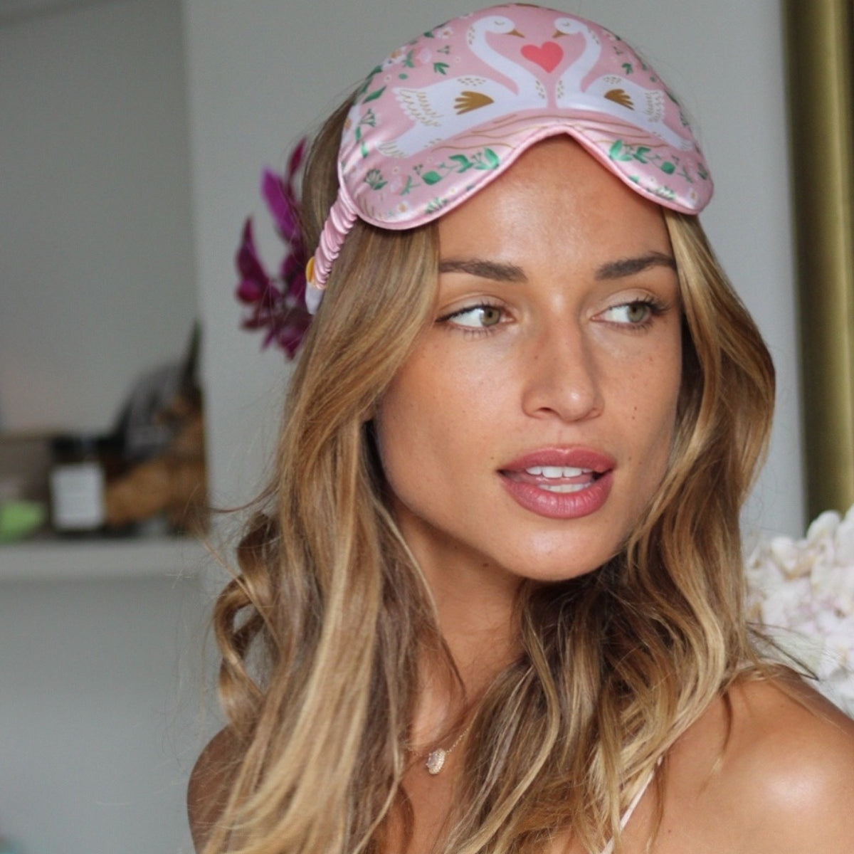 Cloud Padded Satin Sleep Mask - Swans Print