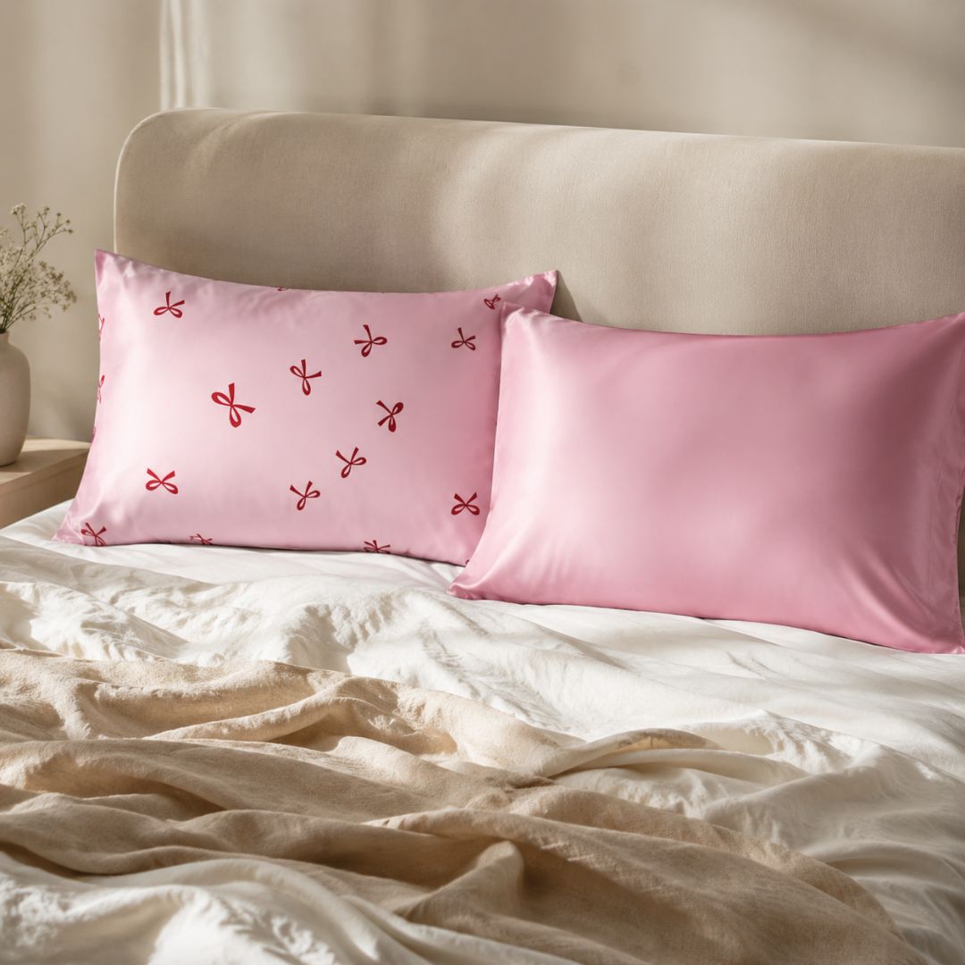 Soft Satin Pillowcase Set, Red Bows