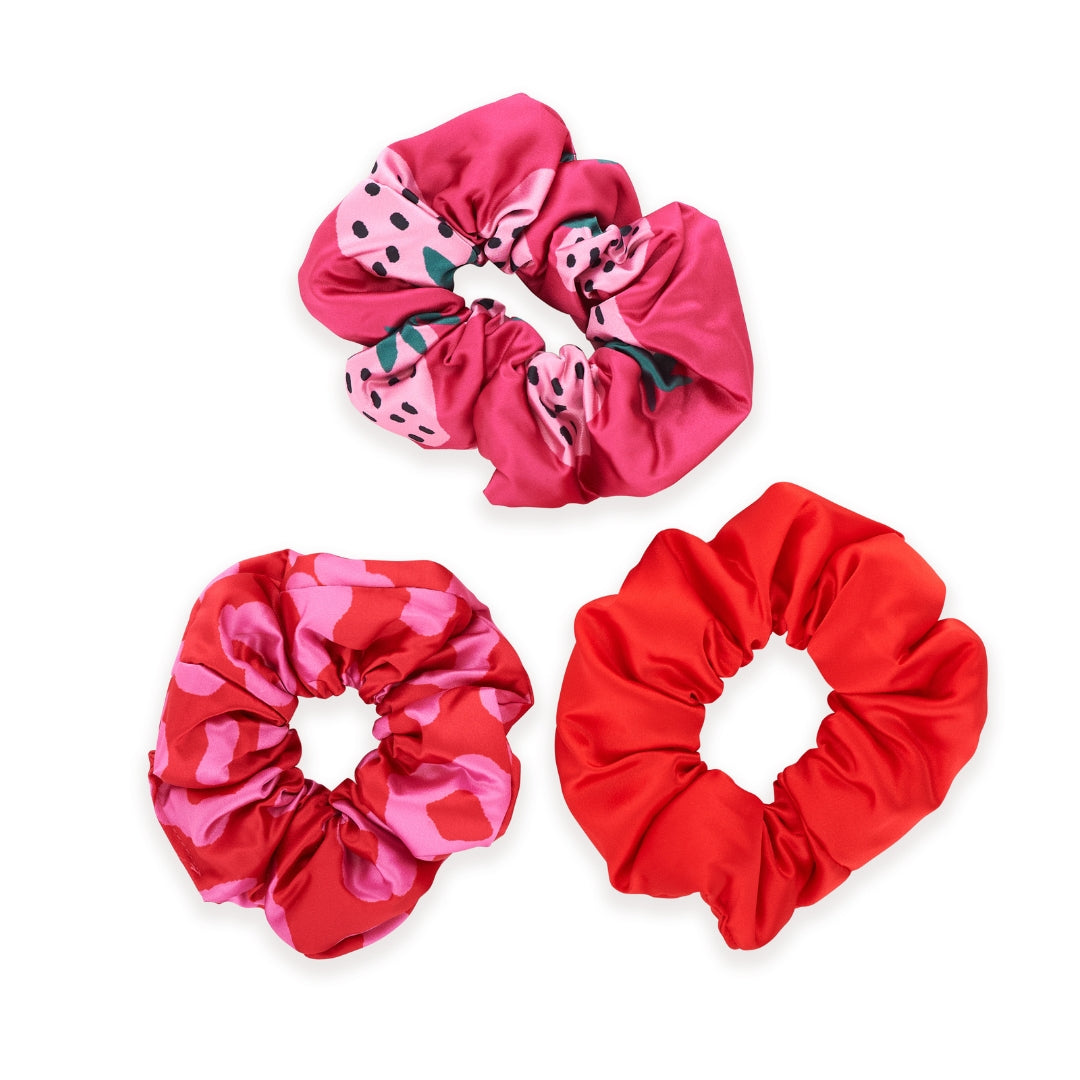 Cloud Satin Hair Scrunchie Set (set of 3) - Strawberry Leopard