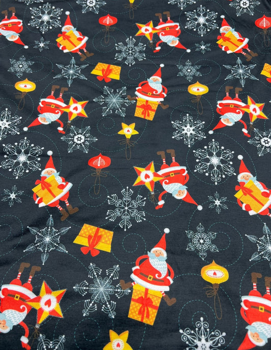 Snowflake Santa Print Soft Spun Poly Stretch Fabric