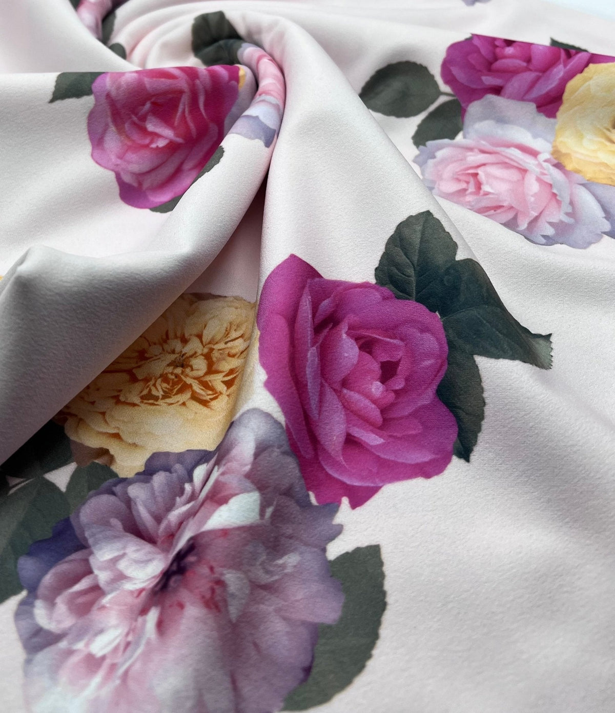 Soft Pink Floral Bunches Printed Scuba Crepe Jersey Fabric