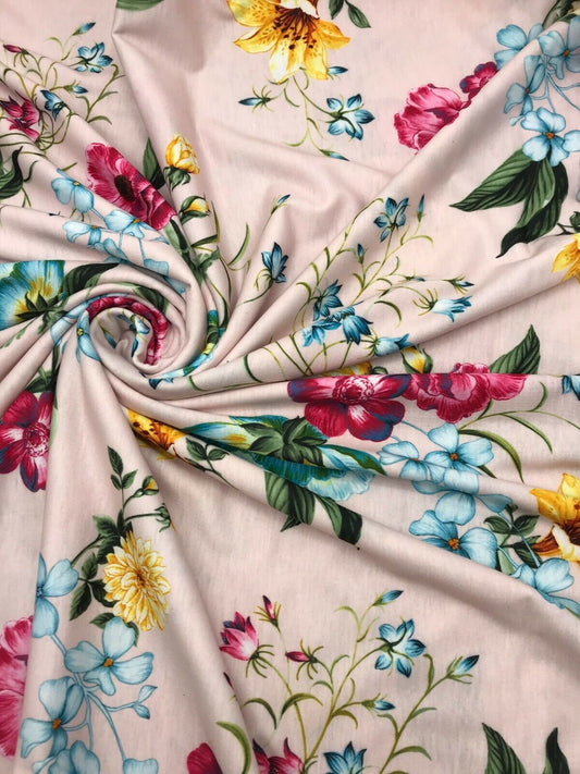 Soft Pink Floral Print Spun Poly Stretch Fabric