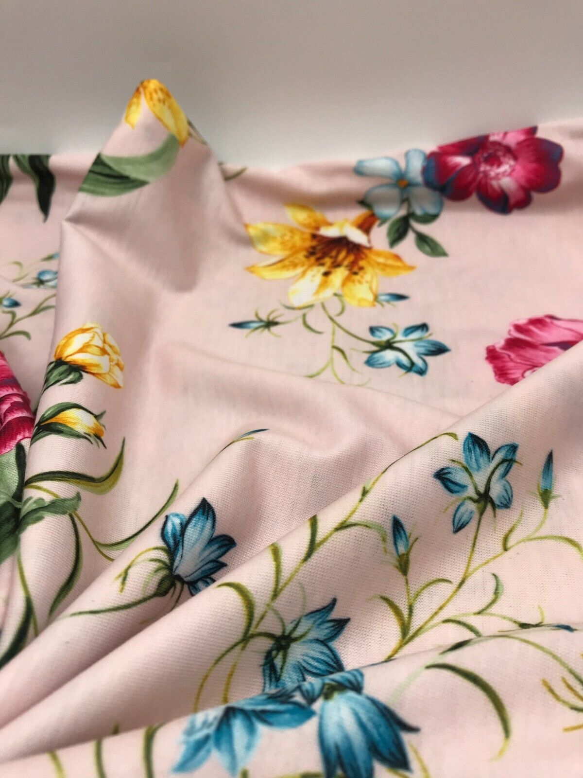 Soft Pink Floral Print Spun Poly Stretch Fabric