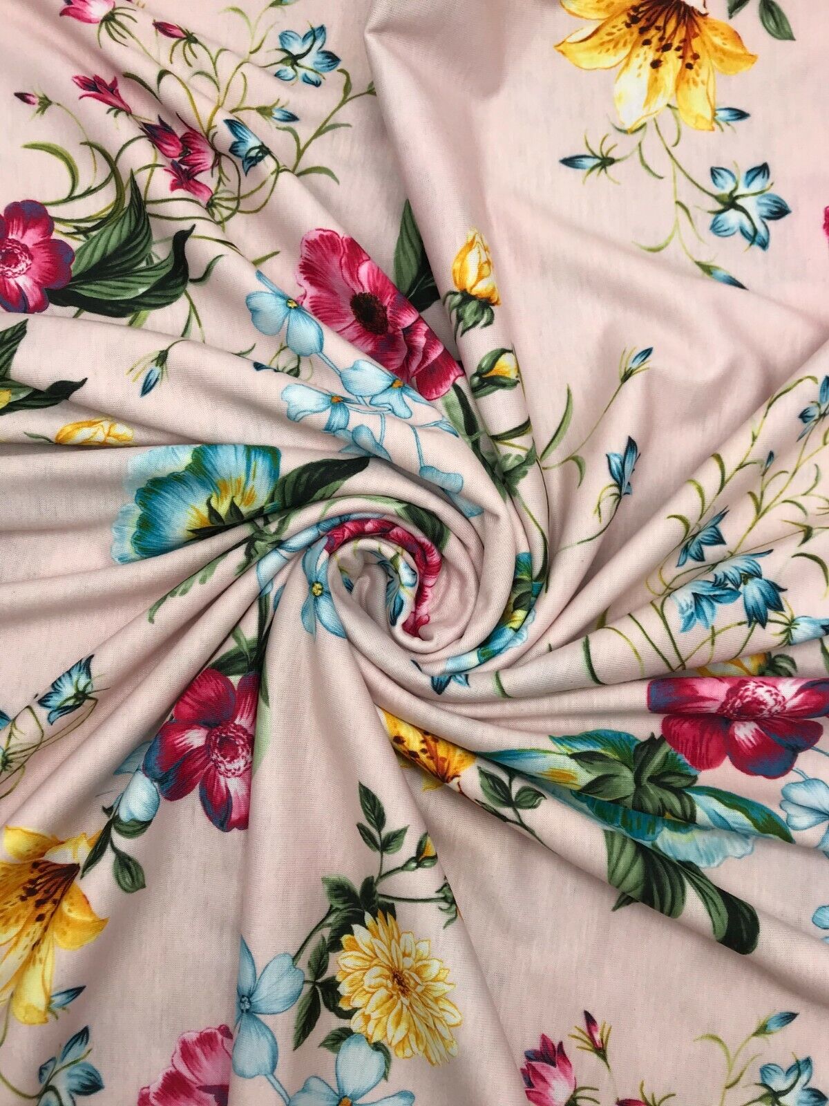 Soft Pink Floral Print Spun Poly Stretch Fabric