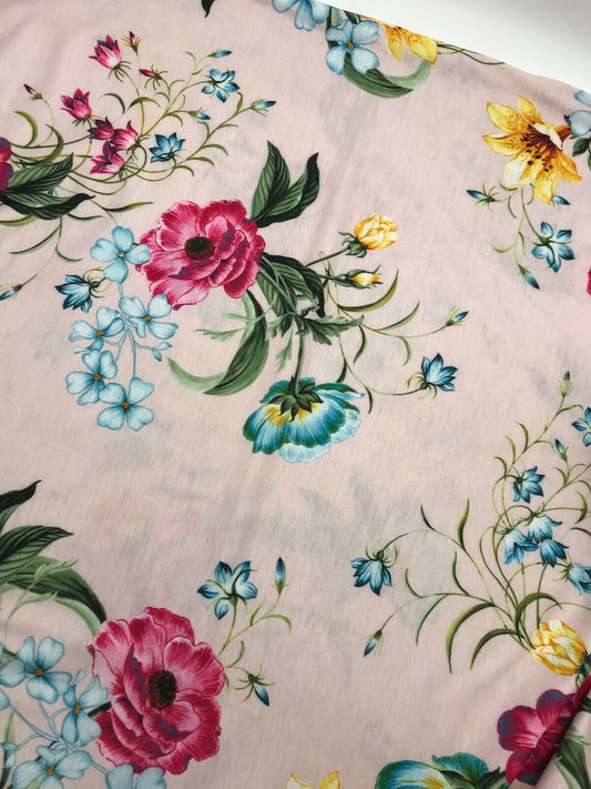 Soft Pink Floral Print Spun Poly Stretch Fabric