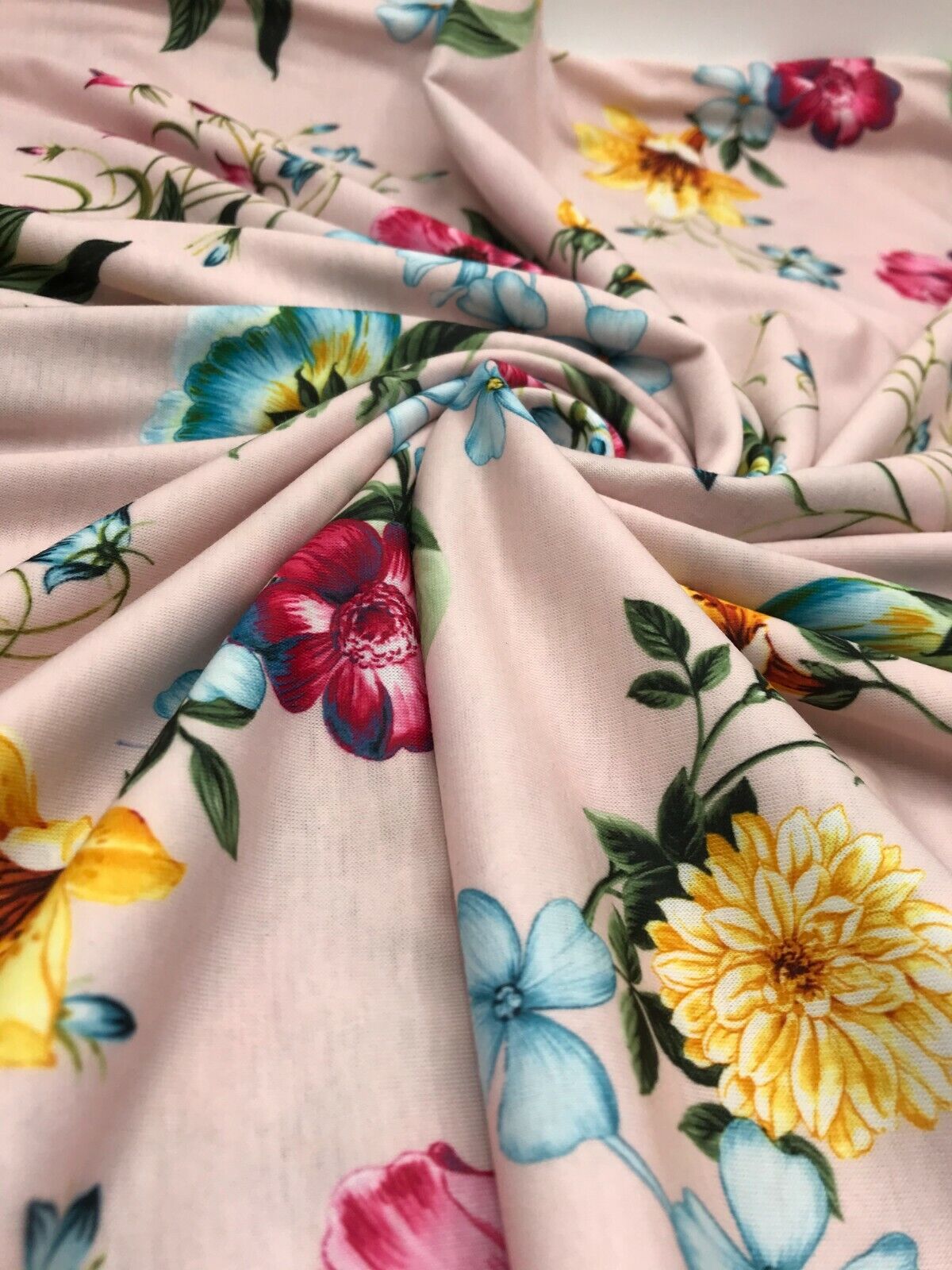 Soft Pink Floral Print Spun Poly Stretch Fabric