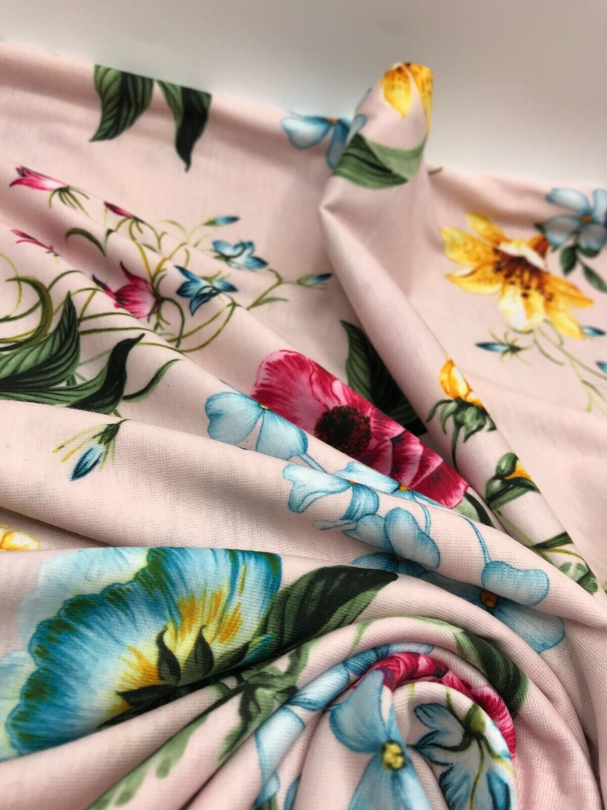 Soft Pink Floral Print Spun Poly Stretch Fabric