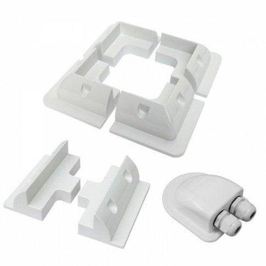 Solar panel mounting set with corner brackets, side brackets and a waterproof cable gland